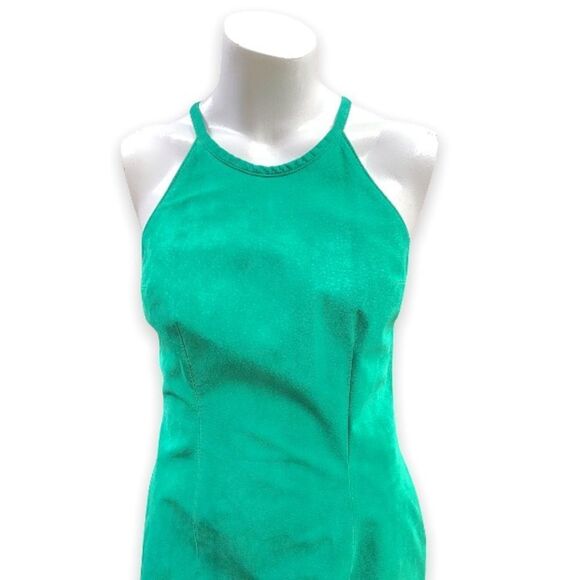 Danier Leather Genuine Suede Leather Emerald Green Halter Bodycon Mini Dress - Picture 4 of 8